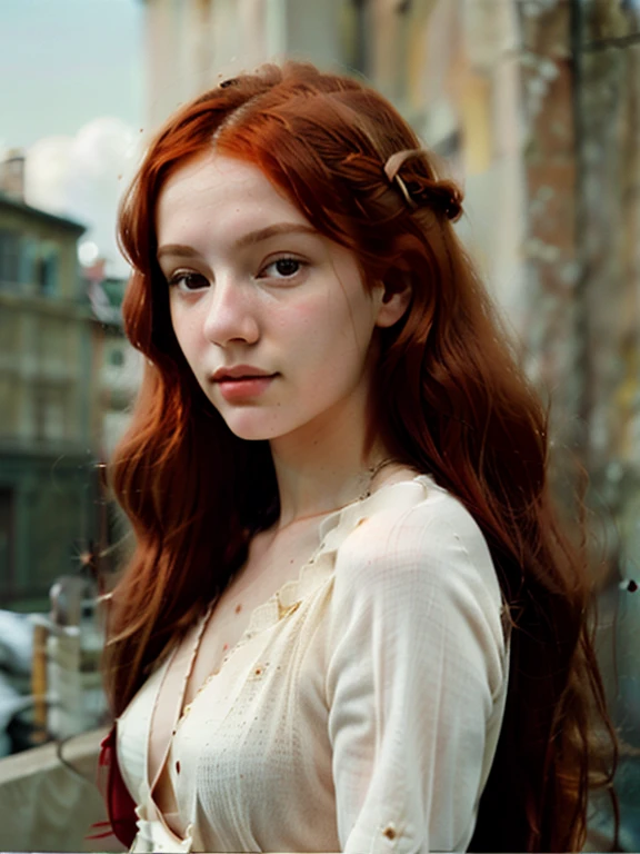 woman with long red hair, analog photographic print, masterpiece, trending on artstation, 8k, 1girl 18yo Porta 160 color, shot on ARRI ALEXA 65, bokeh, sharp focus on subject, shot by Don McCullin,
