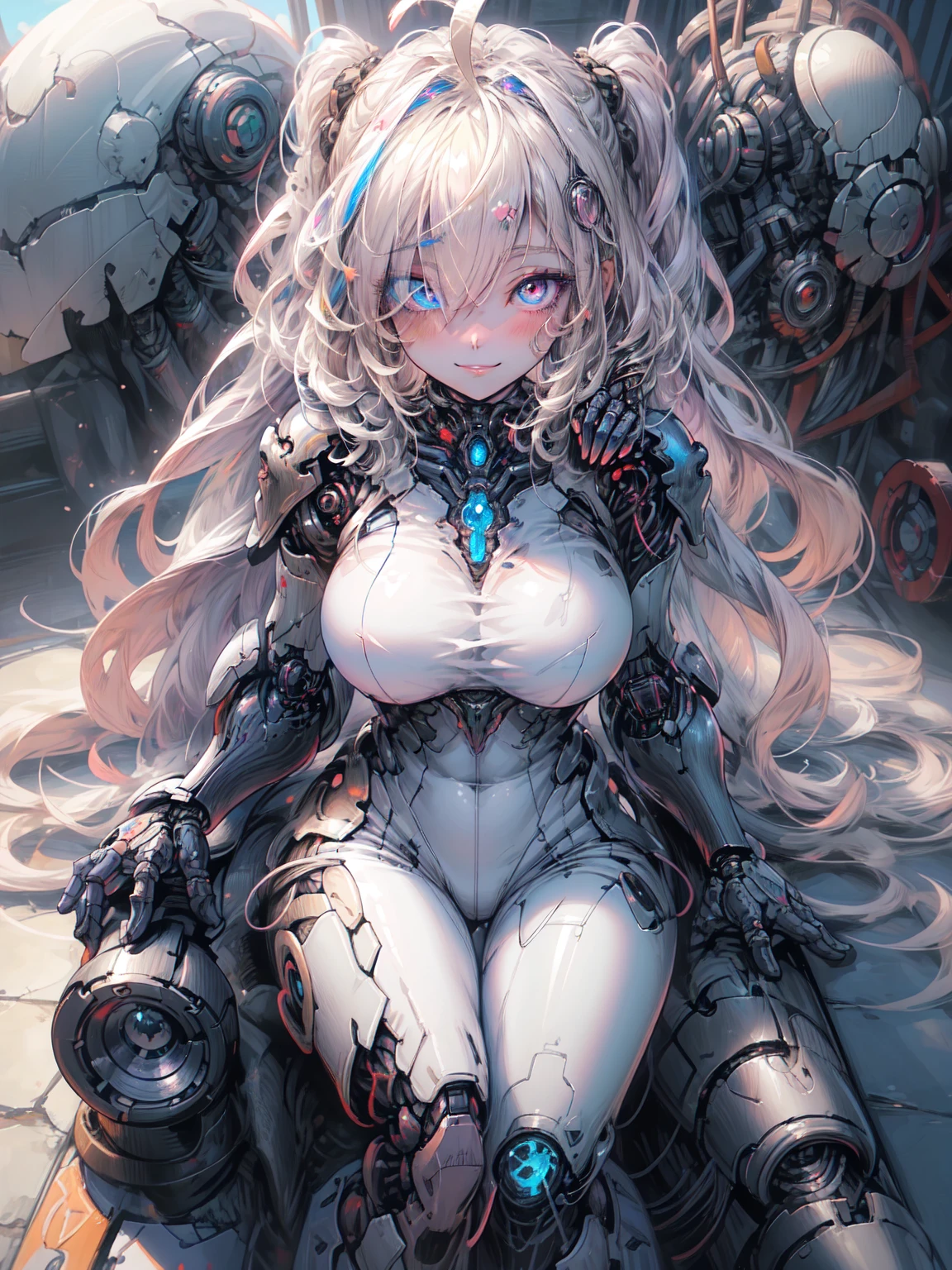 (highest quality, masterpiece, Raw photo,Super detailed:1.2),  1 girl, alone, blonde hair, Blue eyes, dull bangs, big breasts, blue lips, shining eyes, Blue eyes, looking at the viewer, 
 spread your legs,   city,symmetry,Symmetrical composition, sitting, smile,Organic Armor Cyborg、Blake、（Dark Elf), (1 girl), alone, perfect face, get used to it, Ahoge, ((long hair:1.2)), (hair above one eye:1.3), [[messy hair]], Shiny blonde white hair, purple eyes, multicolored eyes, colorful hair, shining eyes, (eyelash, eye shadow, pink eye shadow), bright, smile, design art by Mikimoto Haruhiko, by Kawashi, By Yoshitaka Amano