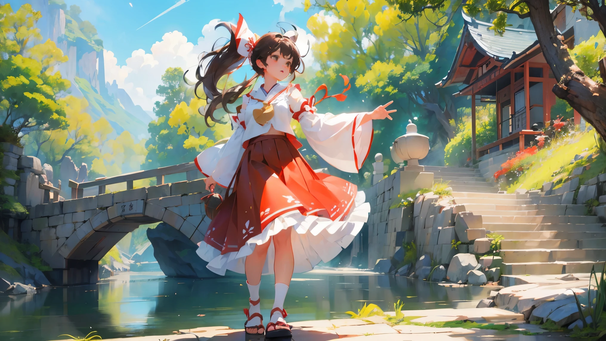 Hakurei Reimu, (brown eyes:1.5), brown hair, bow, hair bow, capillary, long hair, red bow, side lock, ascot, bare shoulders, Black footwear, Separate sleeves, Decorative clothing, decorate, japanese clothes, unconventional miko, red skirt, sandals, Salahi, skirt, sock, white sleeves, white sock, wide sleeves, yellow ascot, Zuri, (((sexy micro red skirt))) "通过反映Hakurei Reimu令人印象深刻的净化和封印能力的图像来捕捉Hakurei Reimu的神秘本质, and her unique connection to the power of the gods. Create a visual identity，Convey the power and divine might of the Hakureiji Miko in the enchanting world of Gensokyo!"，Turn sideways 45 degrees