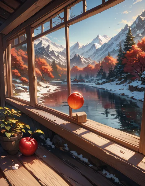 The scenery outside the window，snow mountain，Red plum，creek，8K，masterpiece，Ultra-fine，Rich details，realistic raytracing，OC Rende...