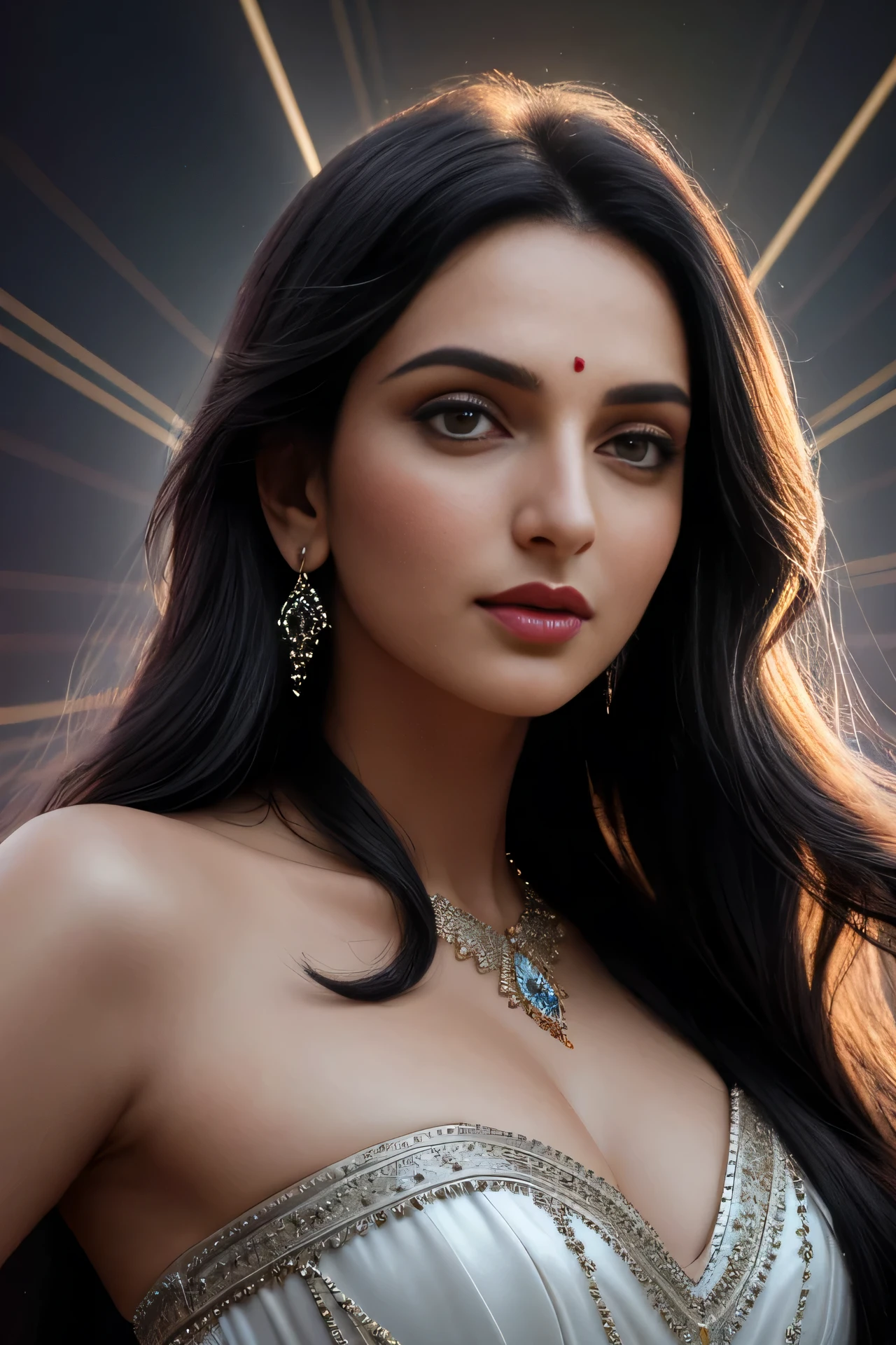 an extreme closeup of amazingly beautiful and exotic women, age 30, europian, long black hair to her waist, doing a promotion of perfume, holdiong a glass made perfume bottle with her fingers close to her shoulder. promotion in the style of fashion queen kiara advani. ((following the myntra fashion trend of 2024)). fine line art, deep shading, emotional depth, serene disquietude, celestial fashion, elaborate textile patterns, dynamic backlighting, mystical aura, desent gradient background, zeno stoic,sunlights,heaven god rays,award-winning photography, the top studio light, backlit, is very breathtaking, very realistic, 8k quality, hyper realistic, ultra realism,high speed, professional photography, eye candy, medium shot, detailded face and features, confident and bold look.