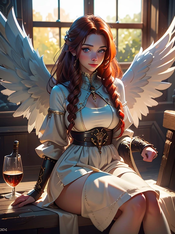 (best quality,8k:1.2,high resolution:1.2),epic cinematic image,glorious appearance,ultra-detalhado,Realistic,vintage godess angel female,long red curly hair,rosto extremamente detalhados,long eyelashes,big angel wings,soft white dress,suntan tights,metalic accessories,Physically-based rendering,sharp focus,natural lighting