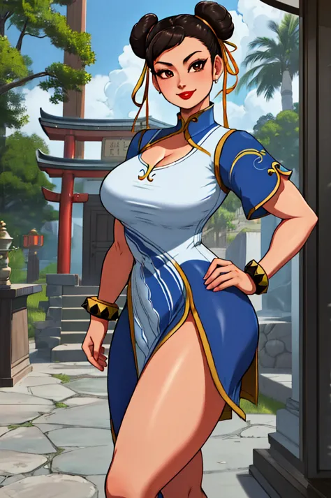 chun-li sf6, solo asian lady, short brown hair, double buns, hair ribbon, brown eyes, jewelry, hands on hips, smile (red lips) e...