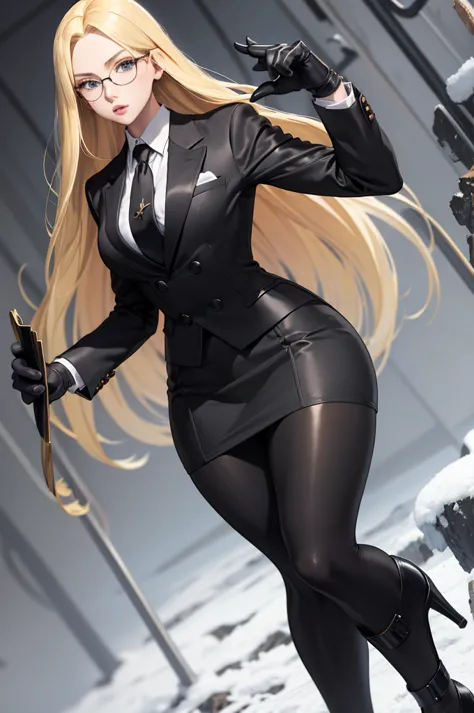 masterpiece, best quality, blonde hair, sfKolin, glasses, black shiny skirt suit, (((three-piece suit))), necktie, blazer, suit ...