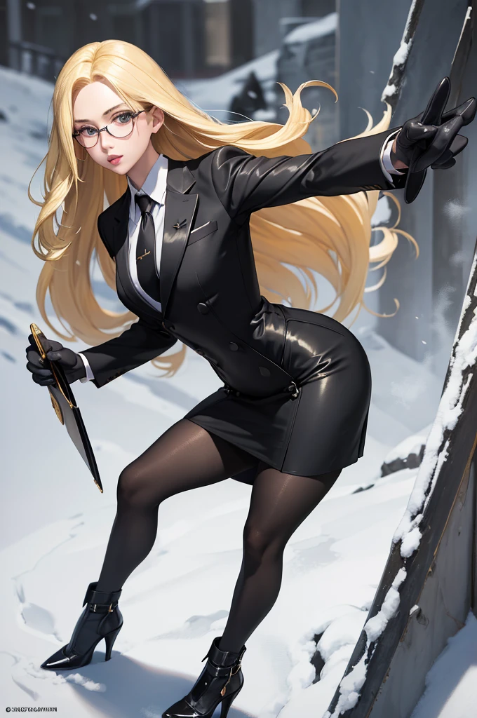 masterpiece, best quality, blonde hair, sfKolin, glasses, black shiny skirt suit, (((three-piece suit))), necktie, blazer, suit jacket, waistcoat, bodycon skirt, snow, grey sky, black gloves, holding clipboard, looking at viewer, high heels