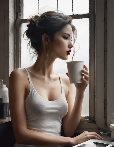 (Best quality, A high resolution, masterpiece :1.3), beautiful woman, a slim body, Dark brown hair,  sipping coffee by the windo...