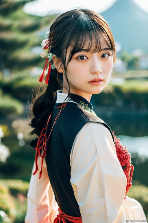 1 Mädchen,Ganzkörperfoto,japanisch,2, mittellanges schwarzes Haar,Grünes Haar mit Highlights,traditionelle Kleidung,Ausgabebild in extrem hoher Qualität,Hohe Auflösung,komplizierte Details,Ihr im Wind wehendes Haar ist so zart und wunderschön,realistische Bilder,traumhaft,professionelle Beleuchtung,realistischer Schatten,Nur Fokus,SCHÖNE HÄNDE,schöne Finger,Detaillierte Funktionen der Finger,Detaillierte Kleidungsmerkmale,Detaillierte Eigenschaften des Haares,detaillierte Gesichtszüge,Japanisches Schloss im Hintergrund、Belt sword、Zieh dein Schwert、Ernster Gesichtsausdruck der weiblichen Samurai、Hochdetaillierte Augenauflösung、Schwarze und rote Kleidung、Licht scheint von hinten、Hintergrundbeleuchtung、japanisch clothing、Shinobi-Kostüm、Haarnadel