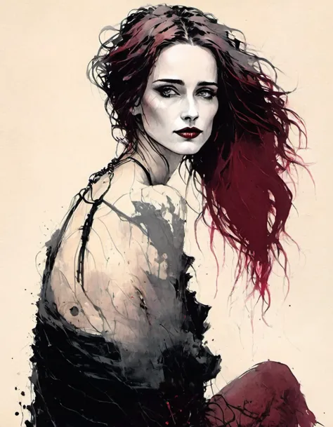 Eva Green portrayed in a rough charcoal sketch, sipping coffee by the window as morning frowns, transparent thin white tank top ...