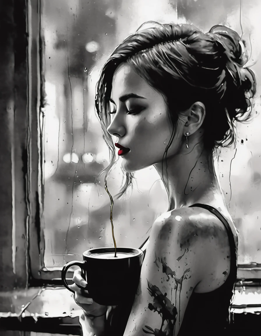 (Best quality, A high resolution, masterpiece :1.3), beautiful woman, a slim body, Dark brown hair,  sipping coffee by the window on an overcast morning, detailed rough charcoal sketch in Eric Wallis style, Benedick Bana triadic colours palette, film grain texture, she's wearing a thin white tank top with a transparent finish, dark red lips standout against her skin, blonde hair cut into a sharp square, noir-like digital painting in the fashion of ink fine art, the square window frames the scene revealing a close