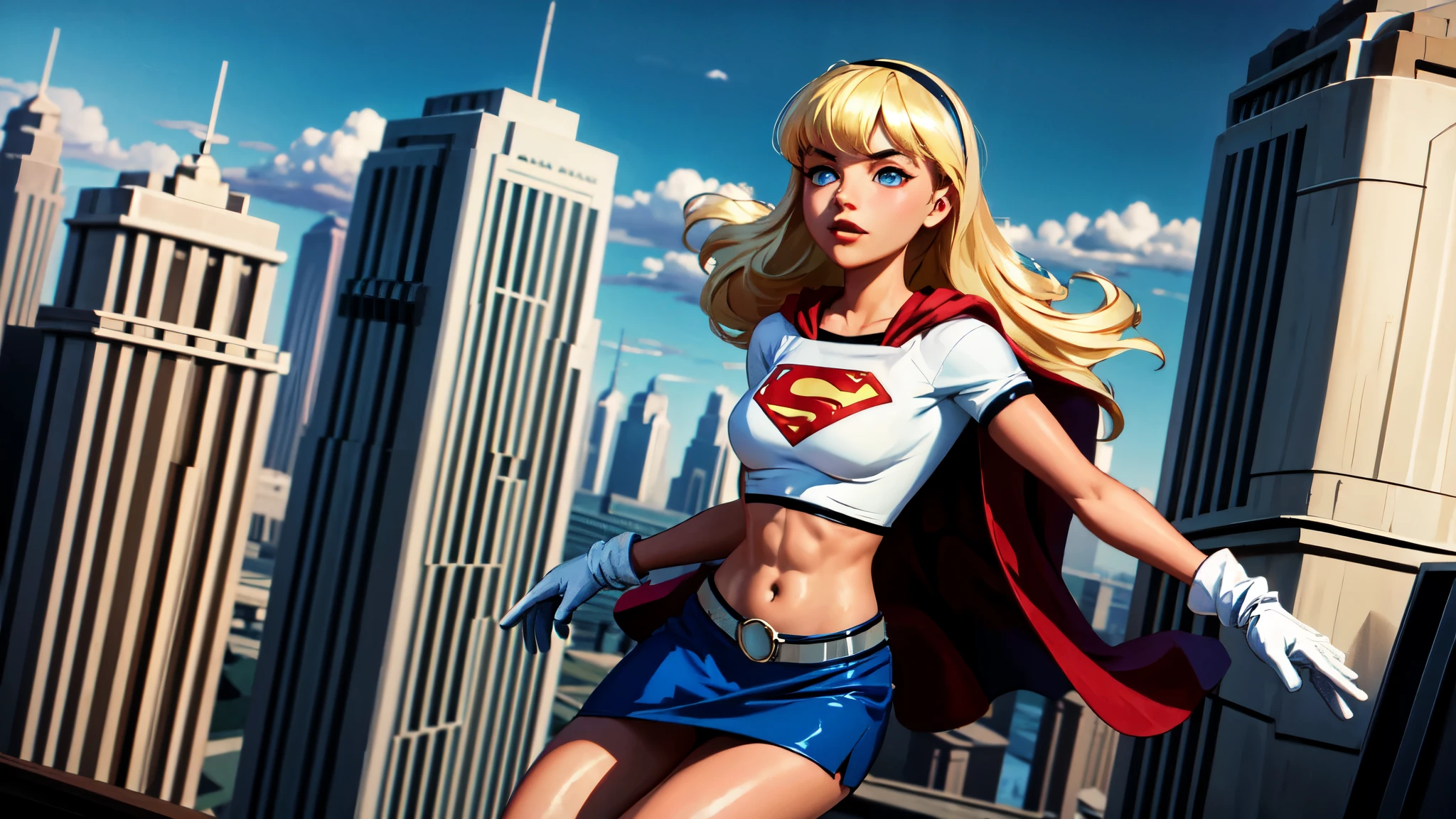 (cowboy shot), sfw, (masterpiece), (best quality:1.0), (ultra highres:1.0), detailed eyes,
BREAK
Supergirl, 1girl, long blonde hair, midair, flying
hairband, \(white\) crop top, short sleeves, cape, blue pencil skirt, gloves, boots
BREAK
(clouds, city, gorgeous view)