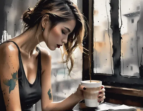 (Best quality, A high resolution, masterpiece :1.3), beautiful woman, a slim body, Dark brown hair,  sipping coffee by the windo...