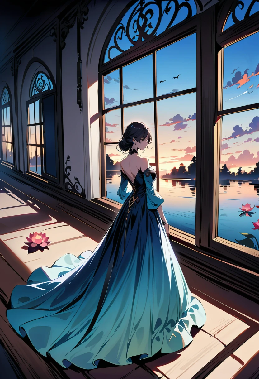 beautiful dark room，There is a big window,  The scenery outside the window，(Looking out from the window:1.5)，Roman style windows，An elegant woman wearing a blue gradient dress standing by the window.  A large lotus pond outside the window, creating a surreal ambiance.  Inspired by concept artist Mobius, The color has a strong contrast between light gray and dark navy blue, Create a sense of mystery.