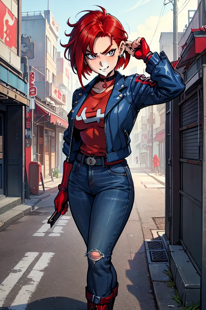 a eles são girl in the art style of persona5 and in the art style of street of rage 4, delinquent, (eles são), maduro female, corar, maduro, mulher mais velha, 2, eles são teacher outfit, ((((1 garota, Sozinho female, Sozinho, Sozinho focus:1,9)))++++, gargantilha, eles são teacher, eles são Lutarer, mangas compridas, open jaqueta, blue jaqueta,( jeans)+++, pele clara feminina, (corpo todo)+++++, jaqueta, biker jaqueta, tape, apoio de braço, luvas, red luvas, manoplas de noiva, esmalte, botas, calçado preto, Lutarer outfit, (corpo todo)+++++++, Ampulheta, maduro face, sorriso malandro, cara atrevida, rugas, (((((cabelo vermelho, cabelo curto, Brincos, piercings nas orelhas)))), olho vermelho, Lutaring art, Artes marciais, de pé, Lutaring stance, Lutar, Lutaring), cores extras, 2D, Megapixels, perfeccionismo, Iluminação de destaque, Full HD , (obra de arte:1.2), (tiro de corpo inteiro:1),(tiro de vaqueiro:1.2), (Altamente detalhado:1.2),(rosto detalhado de anime:1.2), colorida, Um olho detalhado, (paisagem detalhada:1.2), (iluminação natural:1.2), ((eles são school teacher)) por Vincent Di Fate: Ajuda, Tiro Anamórfico, regra dos terços, rosto por Artgerm e WLOP, ((rua da raiva 4 cenário da cidade)), cenário de cidade fictícia no estilo artístico de Street of Rage 4, estilo anime Gainax, estúdio ganhoax art, estúdio ganhoax illustration, inspired por Masamune Shirow, estúdio ganhoax, por Masamune Shirow, lindo personagem de evangelion, rua da raiva 4 arte, ilustração de rua da raiva 4,