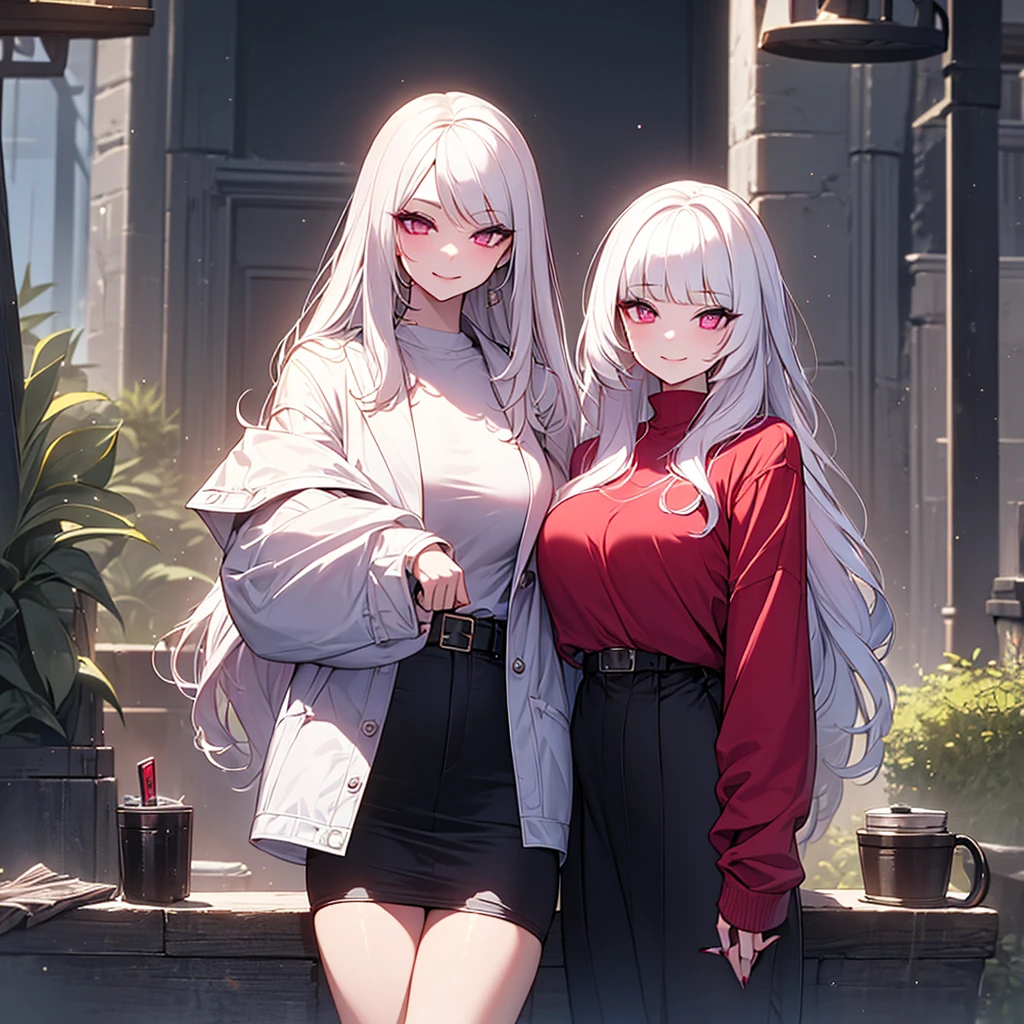  highest quality、silver hair、straight hair、slanted eyes、pink eyes、pale skin、vampire、Black long sleeve knitted outfit、big breasts、short skirt、knee high boots、sexy、冷酷なsmile、murderous intent、Insanity、cruel、attack、darkness、Ahe face、red nails、smile、devil castle、art print, character concept