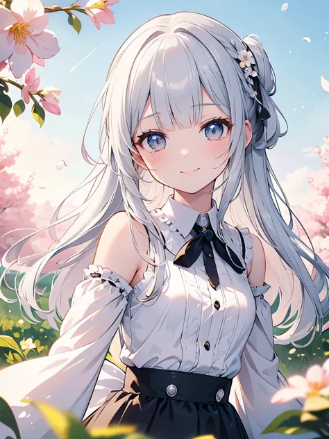 masterpiece, best quality, ultra-detailed, illustration, cute, Girl, Solo, Silver hair, fairy, blunt bangs, blouse, smile, flowe...