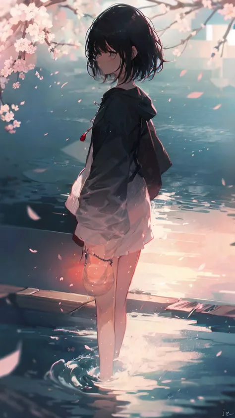 Product illustration of a girl in the rain,cherry blossoms,water中で,water,black hair,short bob,white skin,waterに浮いている