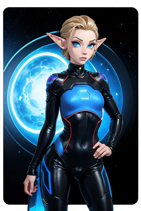 cute elf, femboy, tomboy, space station background, thin body, slim, tron bodysuit, short hair, dark blonde hair, slick back hai...