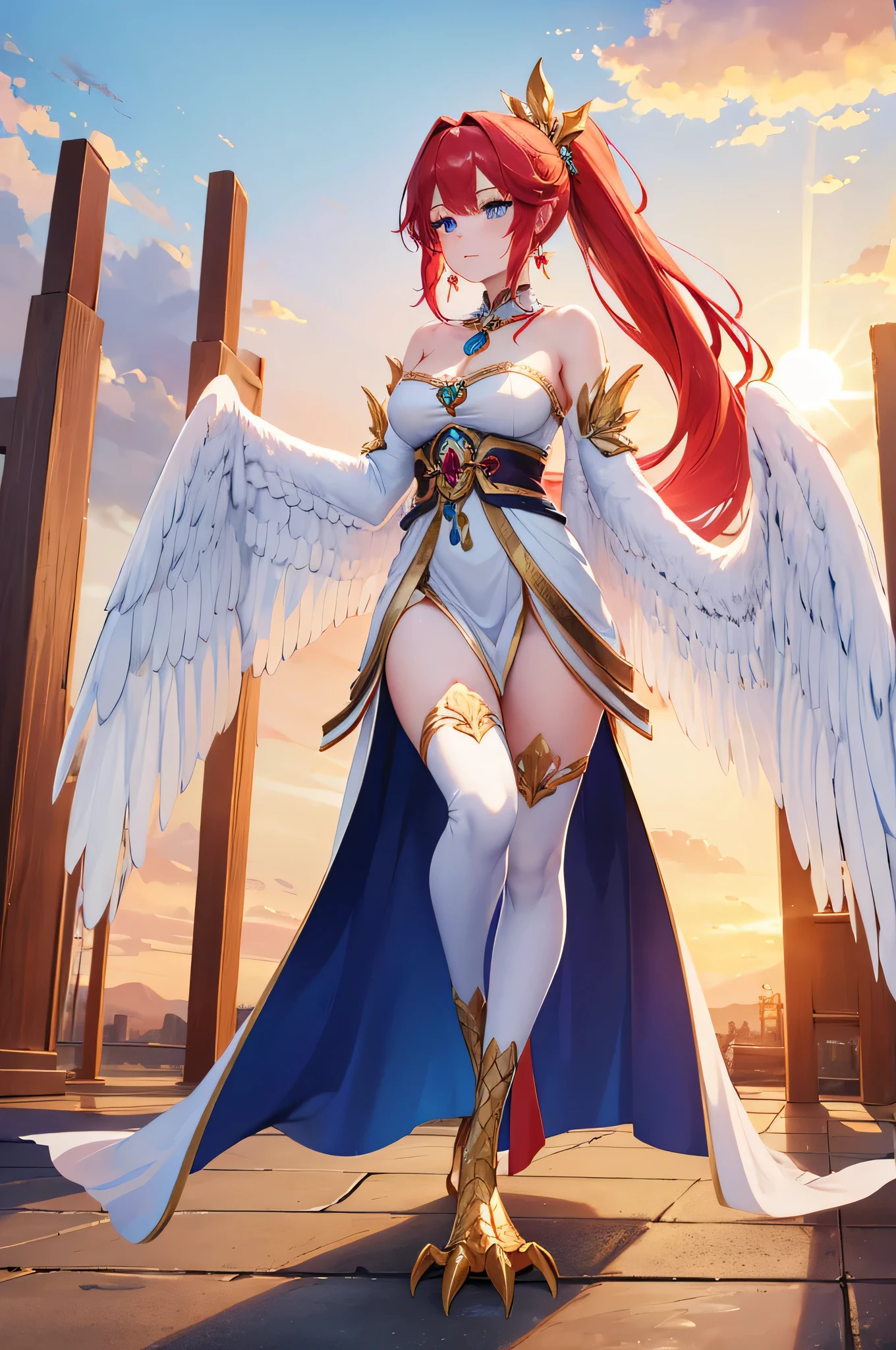 4k,High resolution,one woman,Harpy,red hair,long ponytail,blue eyes,white wings,golden toenails,goddess,White Holy Dress,goddess crown,jewelry decoration,Earth in the Sky,sunrise