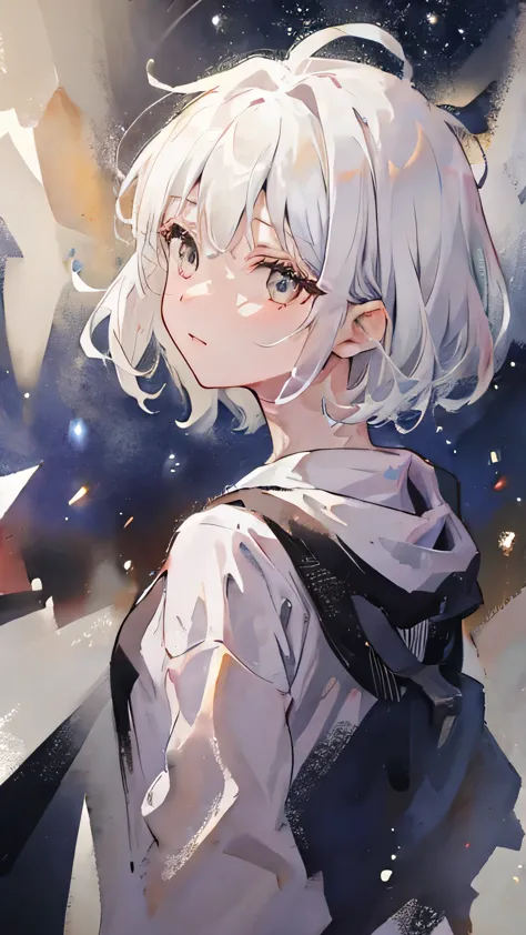 girl，white hair，short hair，white eyes，look back at me，only the upper body is visible，starry sky background