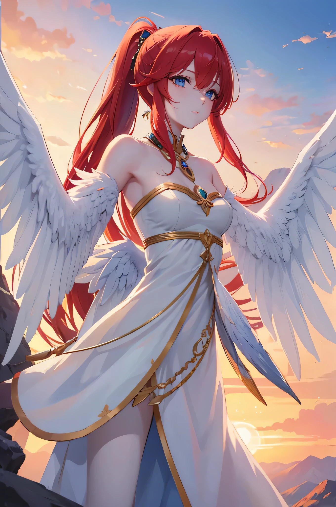 4k,High resolution,one woman,Harpy,red hair,long ponytail,blue eyes,white wings,golden toenails,goddess,White Holy Dress,goddess tiara,jewelry decoration,Earth in the Sky,sunrise