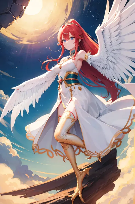 4k,High resolution,one woman,Harpy,red hair,long ponytail,blue eyes,white wings,golden toenails,goddess,White Holy Dress,goddess...