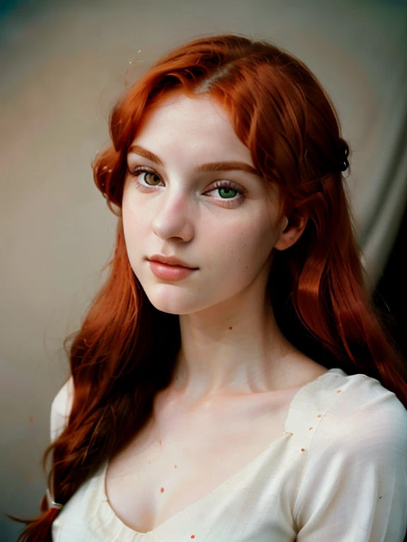 (best quality,8k,highres,masterpiece:1.2),realistic,woman with long red hair,analog photographic print, 1girl,18yo,Porta 160 color,shot on ARRI ALEXA 65,beautiful detailed eyes,beautiful detailed lips,extremely detailed eyes and face,long eyelashes,bokeh,sharp focus on subject,shot by Don McCullin,professional,vivid colors,studio lighting