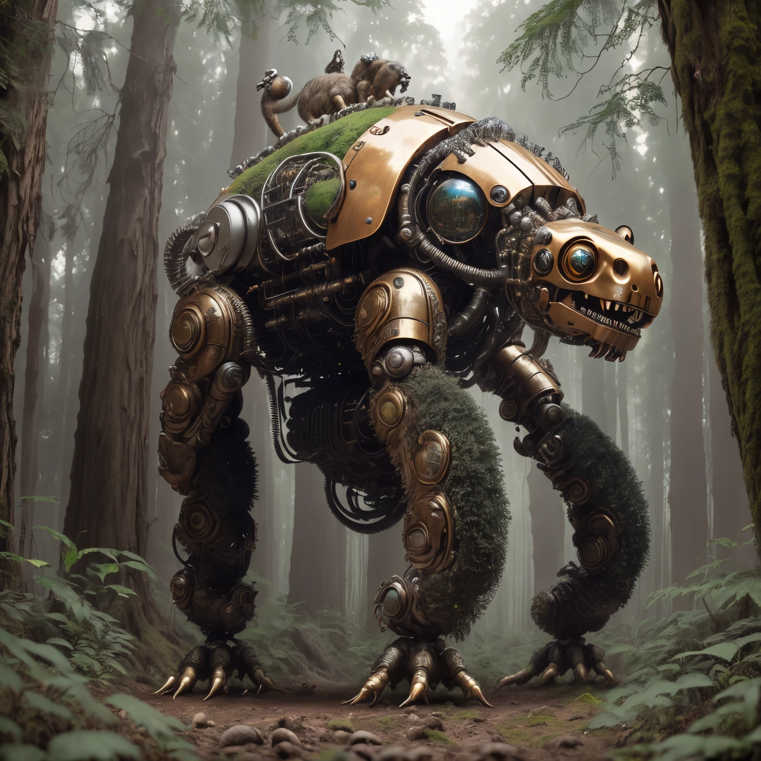 (最high quality, masterpiece, high detail), (8K, high quality, surreal), Mech4nim4lAI, a ground sloth cyborg reaching out with its hind legs, (forest), 