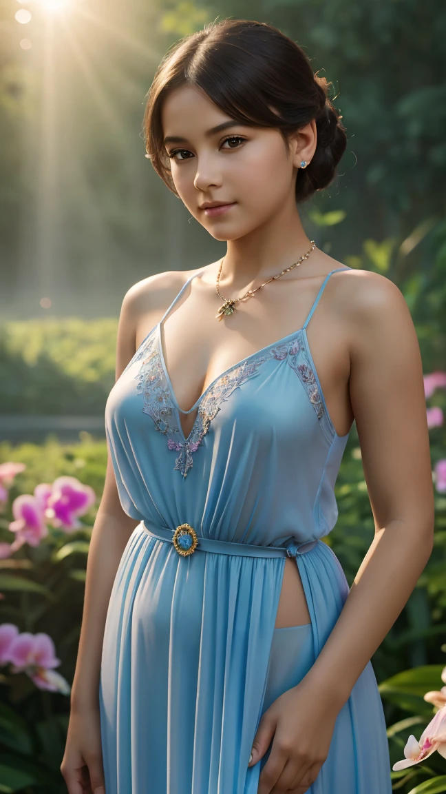 waist shot of a female, intricate, slender face, elegant, wearing sapphire necklace, sensual night gown, facing camera, highly detailed, digital painting, artstation, concept art, smooth, sharp focus, illustration, art by artgerm and greg rutkowski and alphonse mucha, 8k, volumetric fog, bloom, light rays, lumen, cranked bokeh, facing front, front view, adorable, youthful, juvenile, young, cuties, stunning, unreal beauty, flowery garden, fresh, colourful flowers, blooming orchids, butterflies, big hips, thick thighs, (((8yo))), ((little kiddies)), see through clothes, slightly transparent dress