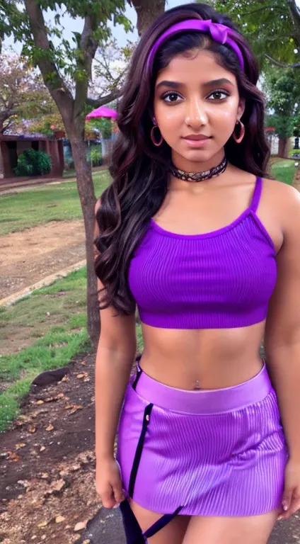 indian girl female((18year old)), hair((wavy, brown)), eyes((smart eyes, hazel)), clothes((crop-top, tight skirt, light purple))...