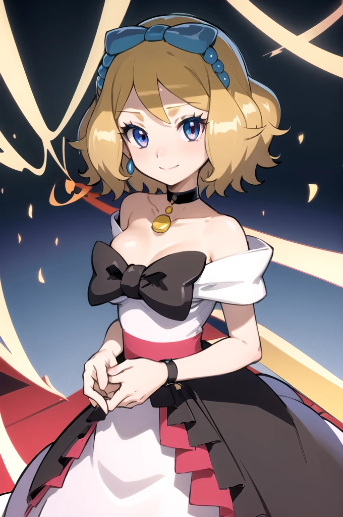 masterpiece, best quality, 1girl,serena \(pokemon\), short hair, blonde hair, blue eyes, eyelashes, black choker, hair bow, dress, collarbone, large breasts, upper body, smile, looking at viewer, solo, simple background 