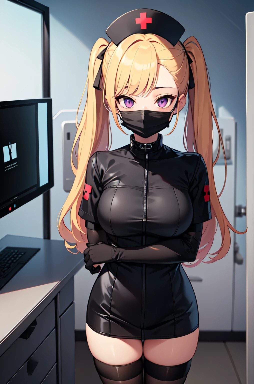 black nurse, 1girl, solo, black nurse cap, black nurse uniform, ((black legwear, zettai ryouiki)), black elbow gloves, twintails, yellow hair, purple eyes, ((black surgical mask, covered nose)), standing, ((surgery room)), sharp outline, short sleeves, best quality, masterpiece