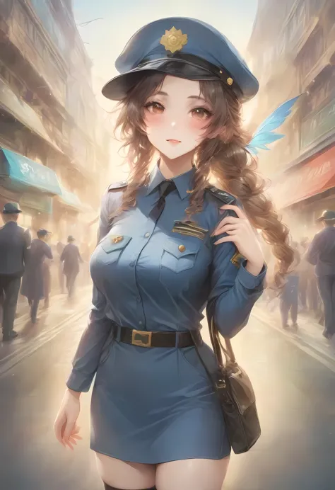 masterpiece, best quality, very aesthetic, absurdres, full body shot,(police costume:1.3), (button gap:0), police skirt, police ...