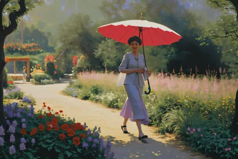 A woman holding an umbrella，In Monet&#39;s Garden（（On the path））walk，real people，Brightly colored flowers are everywhere，A long ...