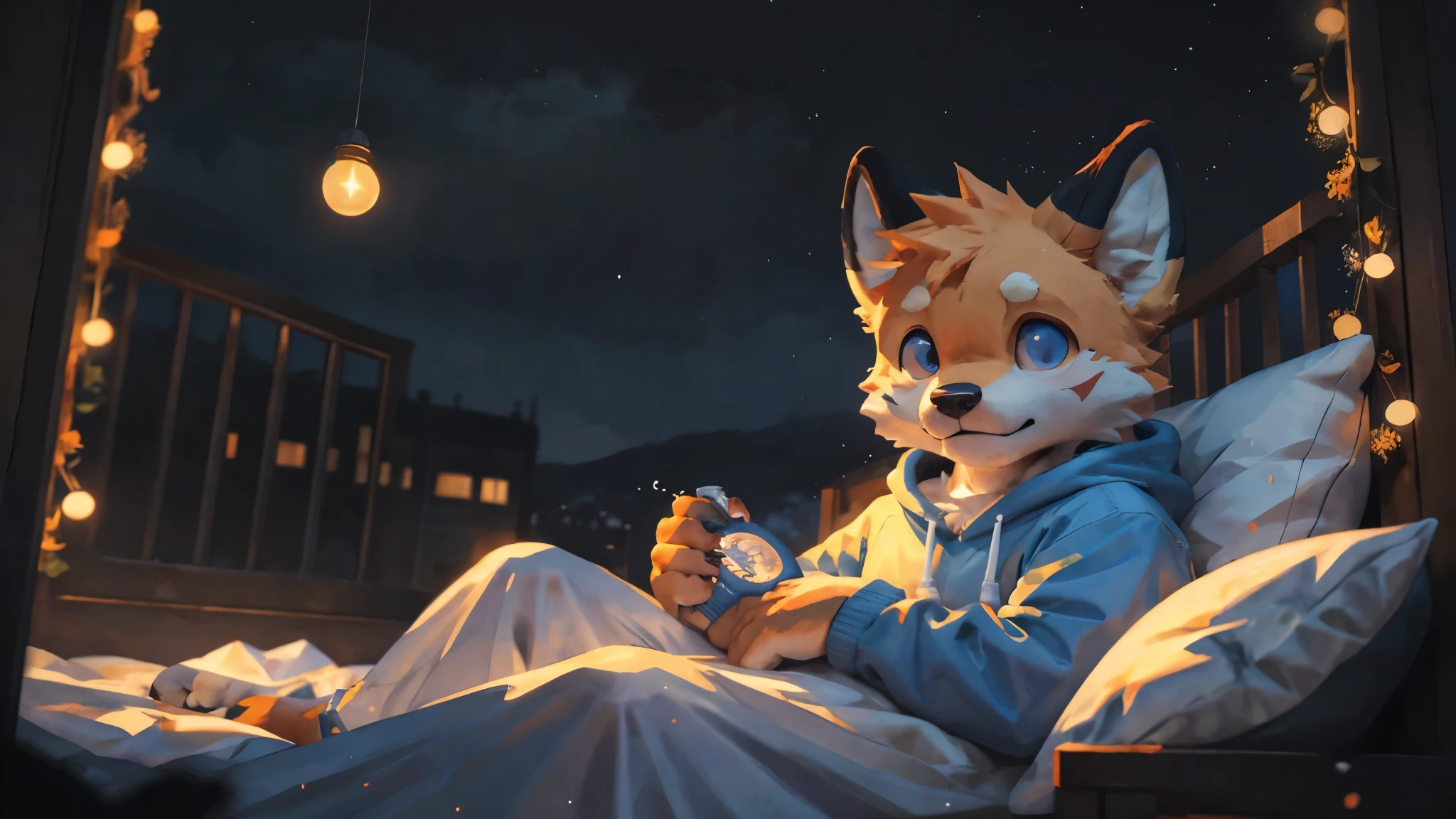 Masterpieces,official art,furry,male,shota,Anthropomorphic orange fox, (Orange fur), (cub),Delicate face,blue eyes,no hair, animals onesie bedroom, cozy room,night, depth of field, perfect lighting, light particles,(best quality),(masterpiece),(ultra detailed),sharp focus,light particles.