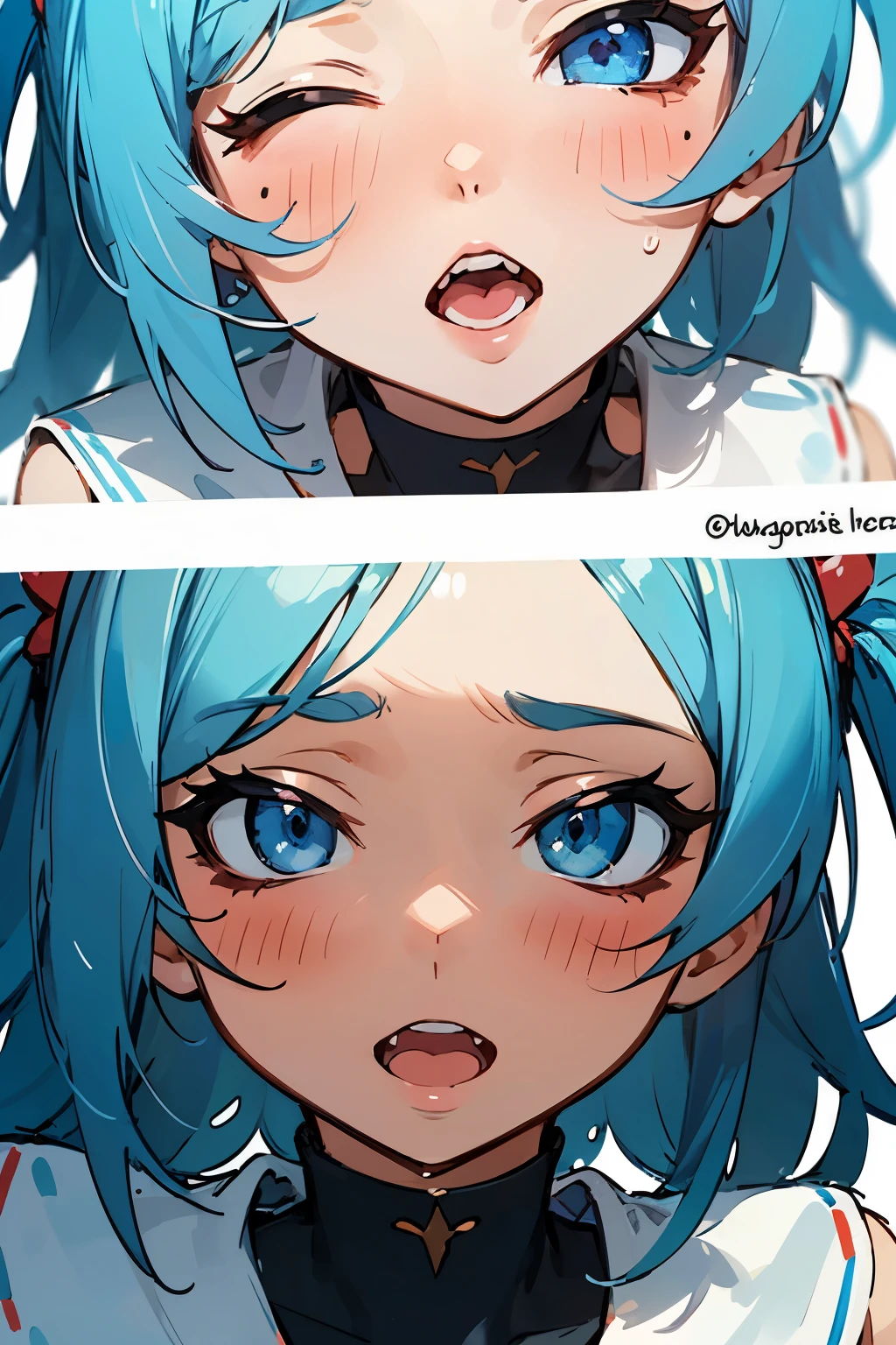 A close up of two pictures of a woman with blue hair - SeaArt AI