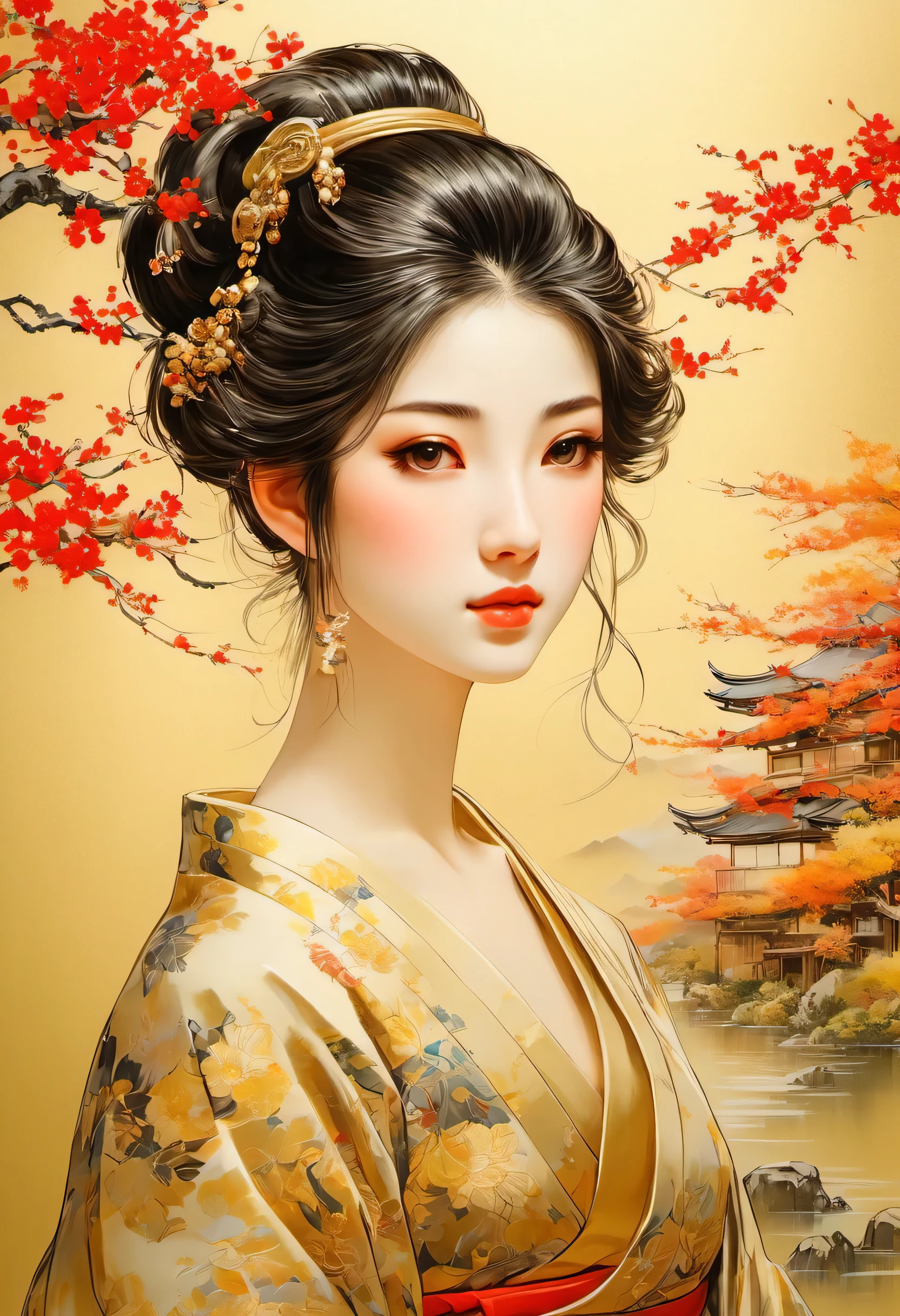 Linda garota pintada em um biombo dourado japonês、Linda tela dobrável dourada、cabelo curto、rosto bonito、Desenhado com tinta、Estilo de pintura do Japão、Descrição detalhada、obra de arte、