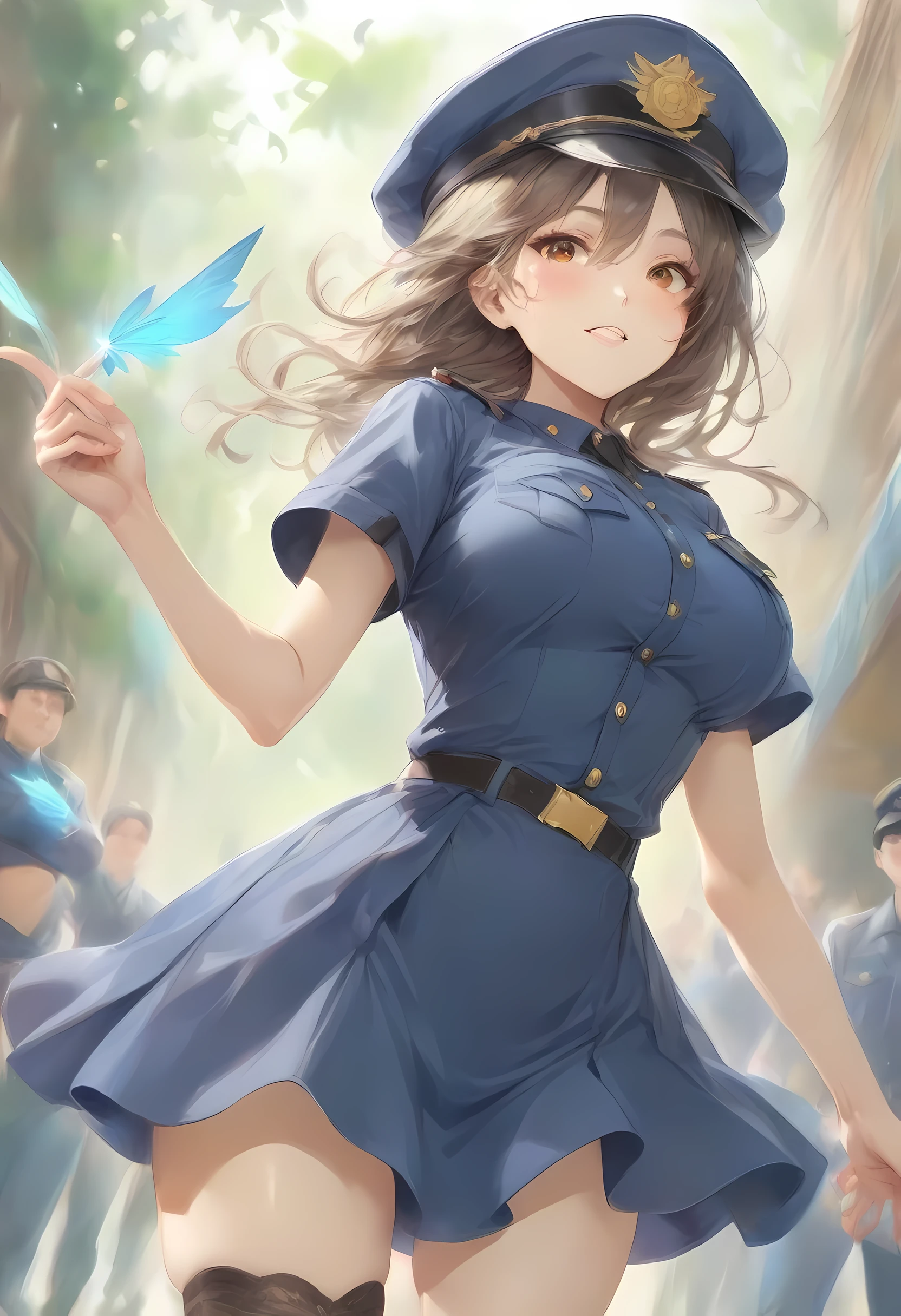 masterpiece, best quality, very aesthetic, absurdres, full body shot,(police costume:1.3), (button gap:0), police skirt, police cap, stockings with garter, on the crowed street, spirit of the wind, 1girl, nakahara mizuki, lycoris recoil