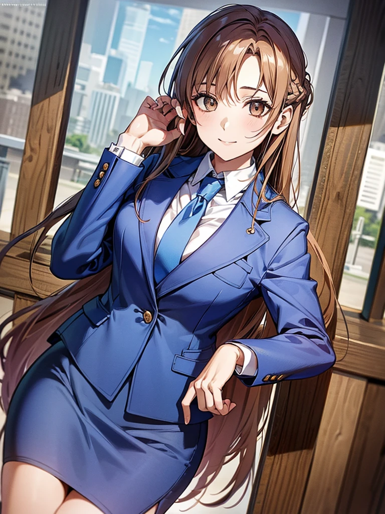 highest quality、unity 8k wallpaper、32k、masterpiece、Super detailed、ultra high resolution、highly detailed face、Raw photo、Professional、Ultra-fine painting、fine metal texture、fine fabric texture、1 girl, suit, beach background, (((office lady, blue skirt, collared shirt、blue blazer, pencil skirt))), long hair, Asuna Yuki, 22 years old, short smile、