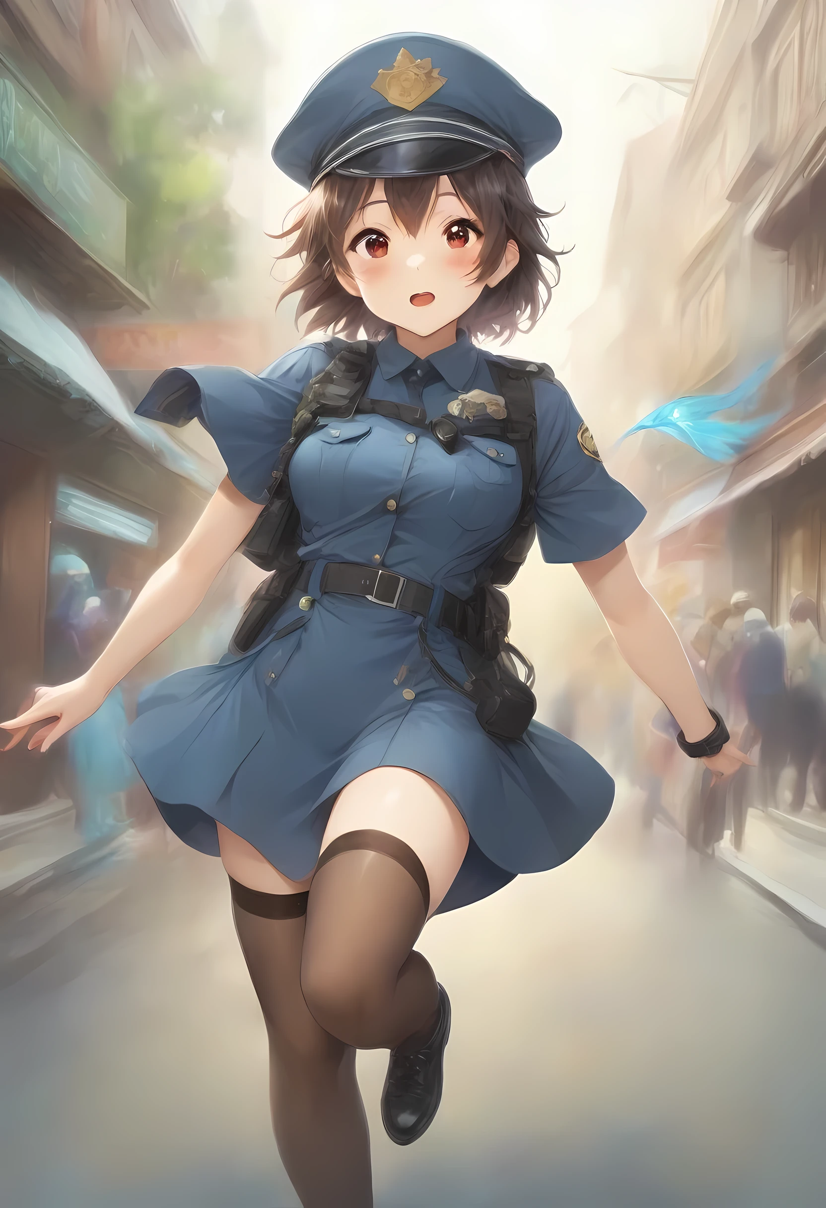 masterpiece, best quality, very aesthetic, absurdres, full body shot,(police costume:1.3), (button gap:0), police skirt, police cap, stockings with garter, on the crowed street, spirit of the wind, 1girl, manabe nodoka, k-on!