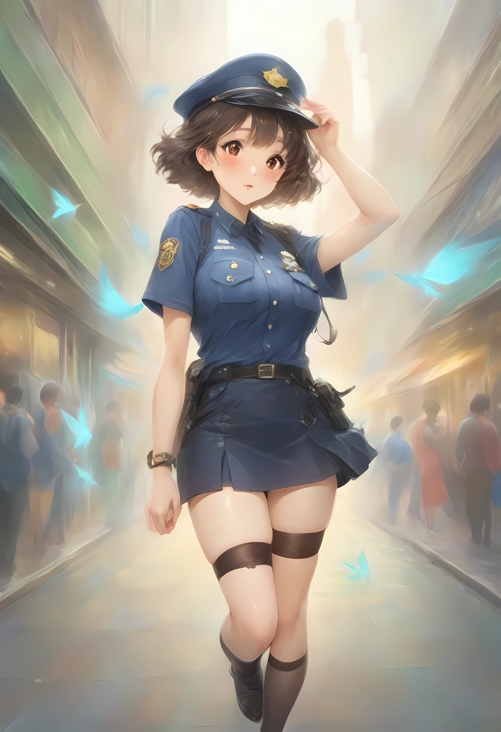 masterpiece, best quality, very aesthetic, absurdres, full body shot,(police costume:1.3), (button gap:0), police skirt, police cap, stockings with garter, on the crowed street, spirit of the wind, 1girl, suzuki jun, k-on!