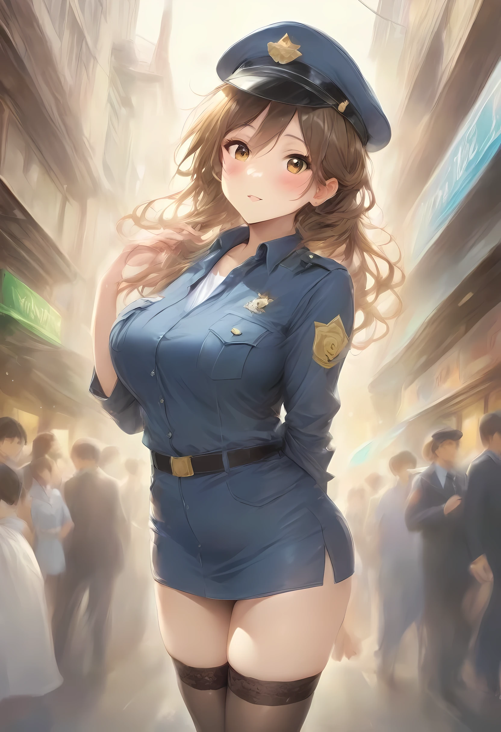 masterpiece, best quality, very aesthetic, absurdres, full body shot,(police costume:1.3), (button gap:0), police skirt, police cap, stockings with garter, on the crowed street, spirit of the wind, 1girl, tachibana himeko, k-on!