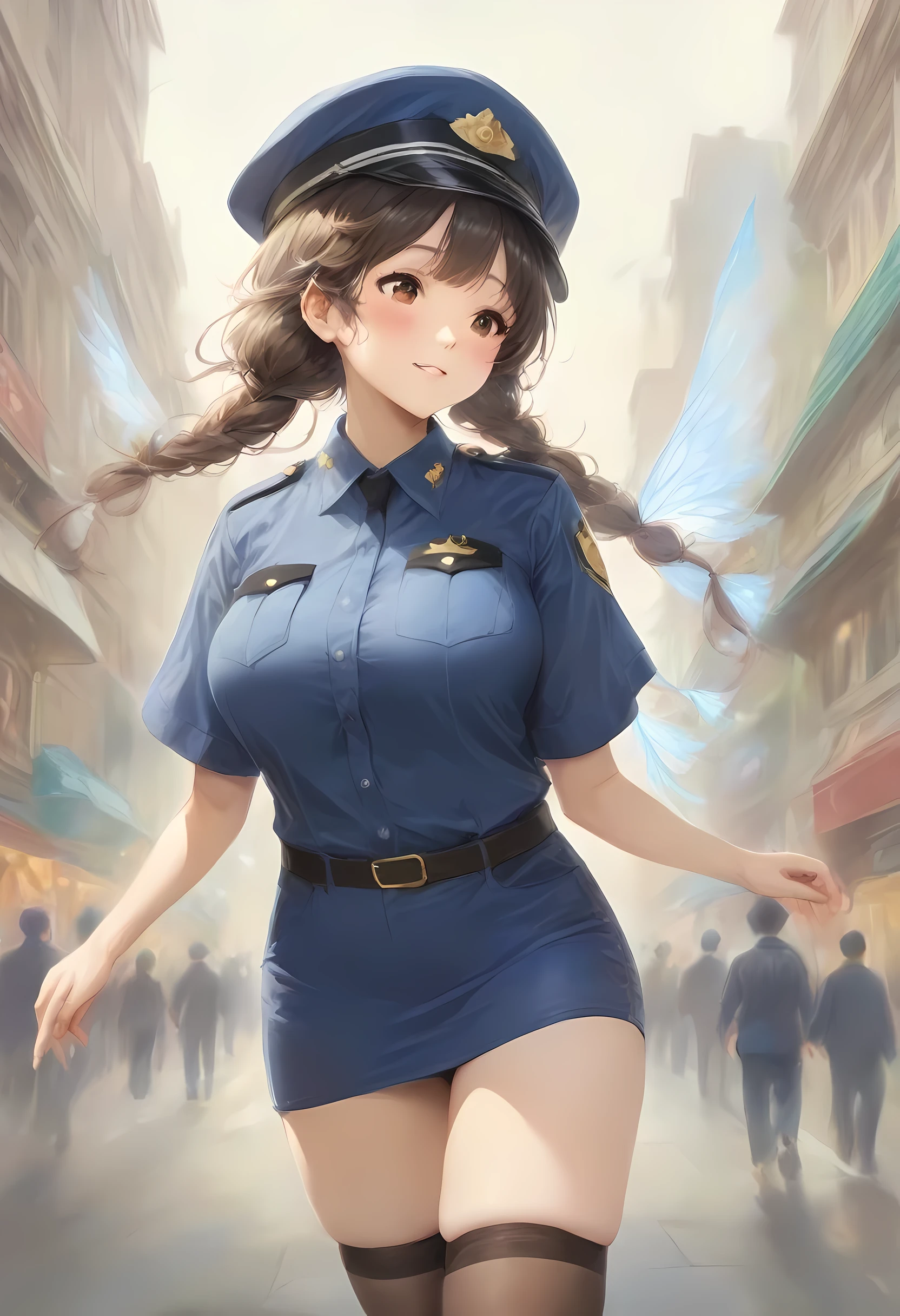 masterpiece, best quality, very aesthetic, absurdres, full body shot,(police costume:1.3), (button gap:0), police skirt, police cap, stockings with garter, on the crowed street, spirit of the wind, 1girl, wakaouji ichigo, k-on!