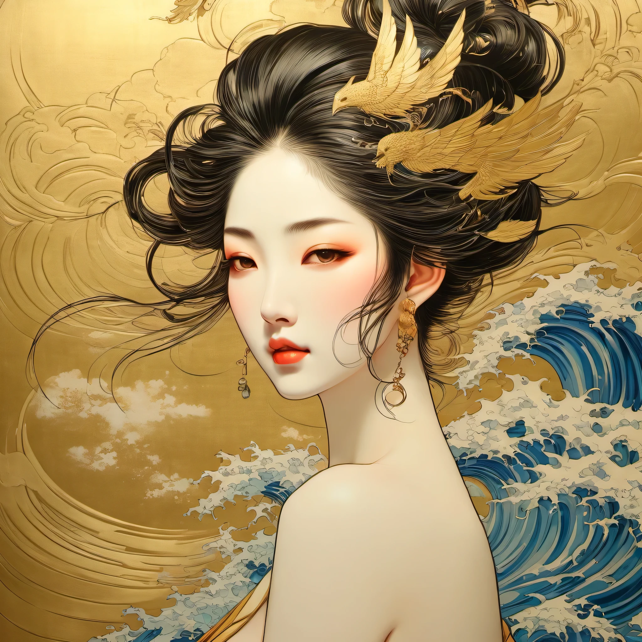 Wind god, thunder god and beautiful girl depicted on a Japanese gold screen、Gorgeous gold folding screen、short hair、beautiful face、It is drawn with powerful strokes、Japan painting style、detailed description、masterpiece、