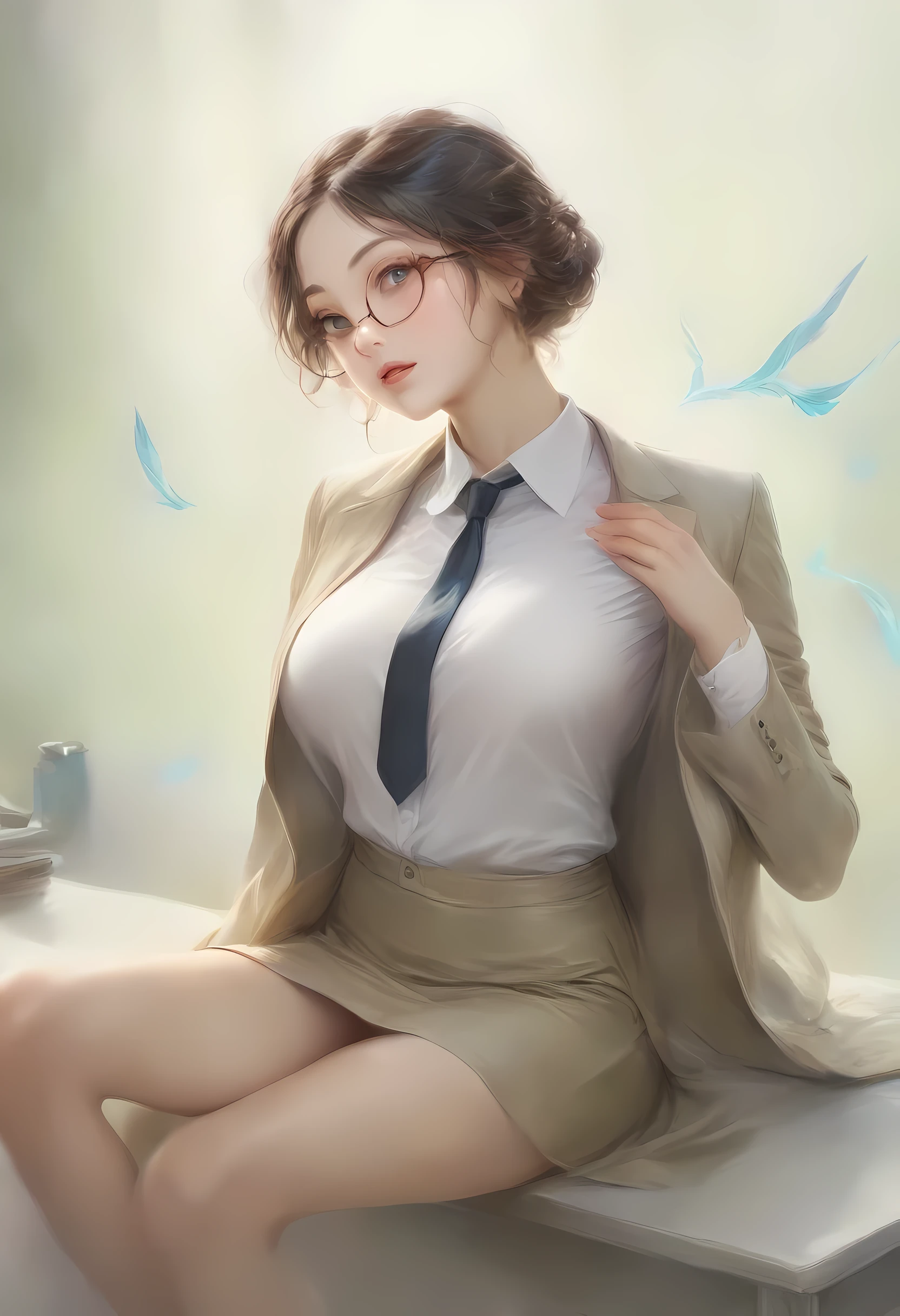 (8K, top-quality, masterpiece: 1.2), (realistic, Photorealistic: 1.2), Intelligent secretary with a curvaceous figure, wearing a (well-tailored business suit:1.5), (Elegant posture: 1.3), Sitting at a desk, (Beautifully detailed eyes: 1.5), (Blonde hair: 1), (short hair: 1.1), Wearing glasses with a professional look, (Her suit jacket and white shirts are buttoned:1.5), (Polished shoes: 1.1), (Detailed suit fabric: 1.0),  thigh high stockings, (necktie:1.5), (middle skirt:1.5), spirit of the wind