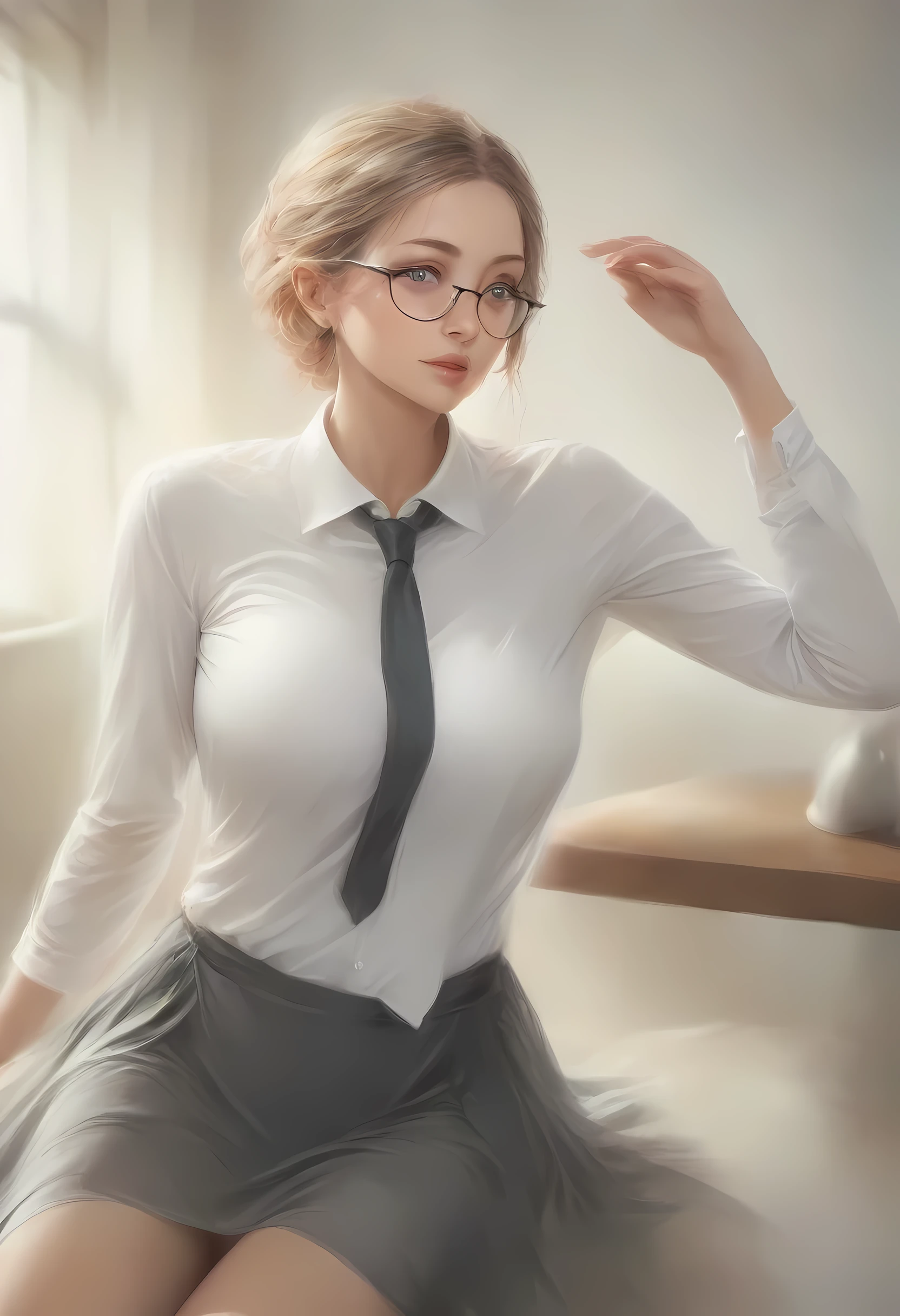 (8K, top-quality, masterpiece: 1.2), (realistic, Photorealistic: 1.2), Intelligent secretary with a curvaceous figure, wearing a (well-tailored business suit:1.5), (Elegant posture: 1.3), Sitting at a desk, (Beautifully detailed eyes: 1.5), (Blonde hair: 1), (short hair: 1.1), Wearing glasses with a professional look, (Her suit jacket and white shirts are buttoned:1.5), (Polished shoes: 1.1), (Detailed suit fabric: 1.0),  thigh high stockings, (necktie:1.5), (middle skirt:1.5), spirit of the wind