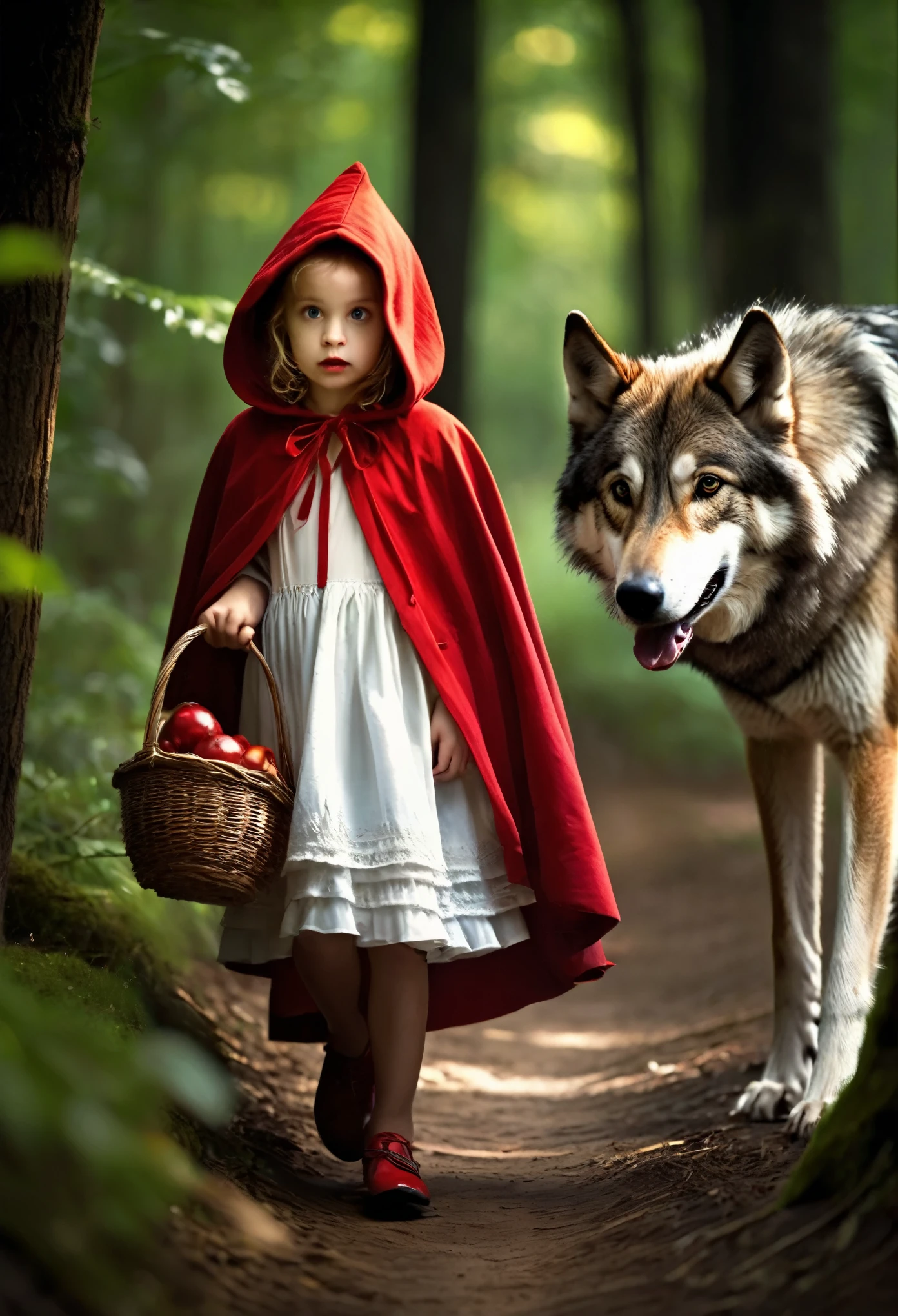 Arafed image of a little girl and a wolf in the woods - SeaArt AI