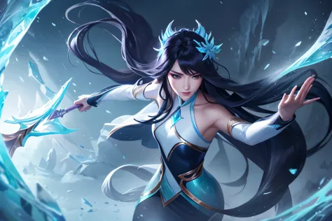 1 person, long black hair, Wand , ภูเขาice, (เวทมนตร์ice:1.2), mermaid, harmony, League of Legends สแปลชอาร์ต, woman,Hazel eyes,...