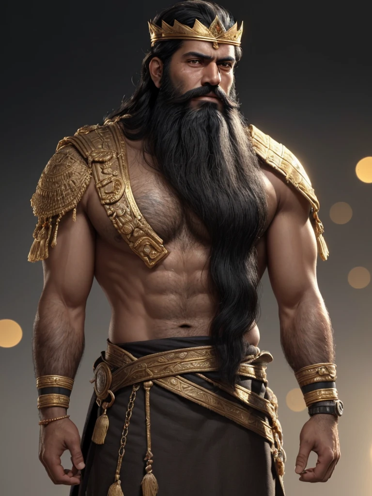 (masterpiece), (best quality),1boy,solo,black hair,(black beard) ,plenty of beard, (ancient man:1),Arabian,tanned skin,ancient luxurious long clothes, ancient golden crown,(looking at viewer),animation style render, 3D , Mesopotamian king, full body, standing, (pixer style:1.1),(Bokeh) ,(clay) ,(sharp focus),(simple back groud:1.5),