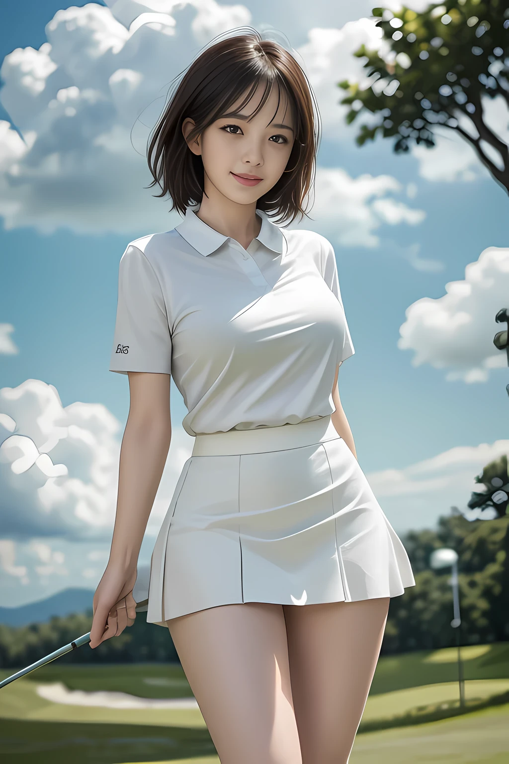 、Smile full of happiness、((nearly naked:1.3))、nearly naked、、lawn、Sweating、is standing、(((clong legs、thighs thighs thighs thighs)))、Sun visor、Medium Hair、cleavage of the breast、1girll，Golf Player，face perfect，crisp breasts, Convex buttocks,Pastel Colour Sport Short Sleeve，(((short tight white skirt)))，White sport socks，White shoes，a wet body，Swing a golf club，Golf Course，Sunnyday，Clouds， Detailed background, Clothing Details, Perfectly proportioned, film grains, Fuji colors, lightand shade contrast, tmasterpiece, high detal, high quarity, hight resolution, Cinematic lighting, 8K, Textured skin, Super Detail