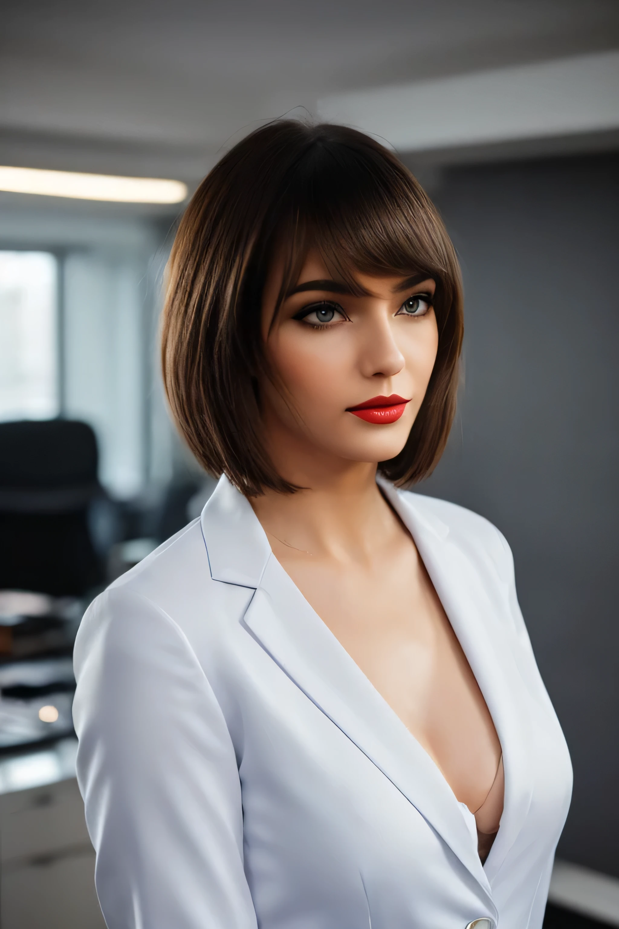 Meilleure qualité, PhotoRéaliste, ultra détaillé, finement détailler, haute résolution, Fond d&#39;écran 8k, Photo couleur brute, professionnel, Haut niveau de détail, Belle femme, (peau pâle), ((porter du mou, veste blazer et chemise blanche)) Chemise boutonnée en coton basique Hotouch Bleu, (chef-d&#39;œuvre), (tout le corps), (yeux bleus), Réaliste, mine réjouie, (rouge à lèvres), bouche grande ouverte, ((cheveux courts jusqu&#39;aux épaules), (cheveux blancs)), (petite poitrine). pull rose, gray scarf netteté, photo primée, (D&#39;avant en avant), (Regardez les téléspectateurs), petite lumière, faible contraste, symétrie faciale, profondeur de champs, (Meilleure qualité,4k,8k,haute résolution,chef-d&#39;œuvre:1.2),ultra-détaillé,(Réaliste,photoRéaliste,photoRéaliste:1. 37),portrait,Tenue formelle,professionnel setting,expression confiante,coupe de cheveux élégante,environnement de bureau,immeuble de bureaux moderne,architecture impressionnante,pose élégante,Femme cadre,Talons hauts,bureau lumineux et spacieux,netteté,femmes travaillant ensemble,aspect poli,palette de couleurs neutres,éclairage naturel doux,design épuré et minimaliste,réunion d&#39;affaires importante,motifs complexes sur le costume,coiffure soignée,Bureau avec ordinateur et paperasse,air d&#39;autorité,des femmes qui ont réussi et accomplies, photo primée, (D&#39;avant en avant), (Regardez les téléspectateurs), petite lumière, faible contraste, symétrie faciale, profondeur de champs, fond cinématographique, image centrale, Doucement éclairé, (finement détaillered skin), Réaliste skin texture, détails extrêmes de la peau, (pores: 0.1), petit buste et bonne forme